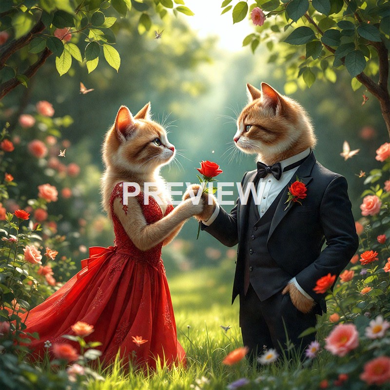 Two anthropomorphic cats dressed in formal wedding attire are holding a red rose together in a lush garden filled with blooming flowers, with sunlight filtering through the trees and butterflies fluttering around them.